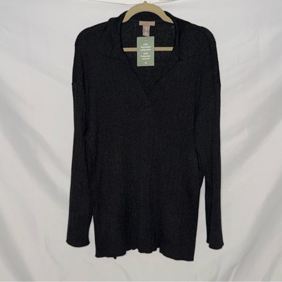 H&M Tops - H&M Black Ribbed Long Sleeve Johnny Collar Polo Sweater Tunic Size M NWT